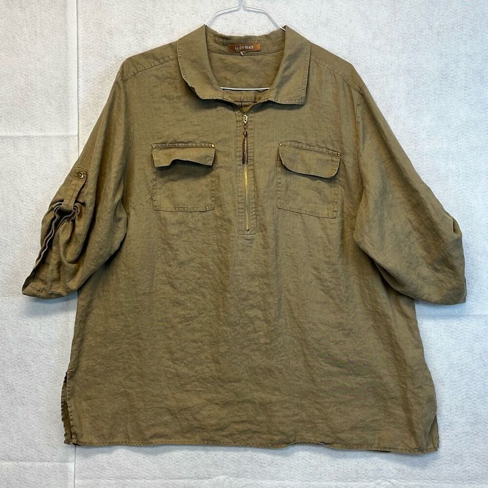 ELLEN TRACY Women’s 100% Linen Half-Zip Utility Top Olive Green Size XL Pockets‎